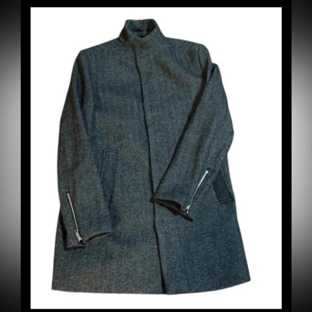 H&M Mens Wool Trench Coat Size 40R Gray Houndstooth Zip Snap Pockets Mock Neck